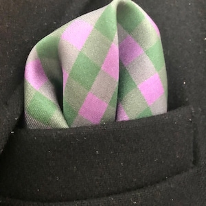 100% silk twill, green and purple gingham pocket square