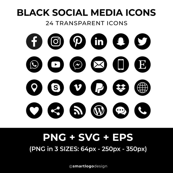 Black Social Media Icons, Social Media Icons PNG, Social Network Icons, Buttons, Instagram icons, social media SVG, Commercial Use Cliparts