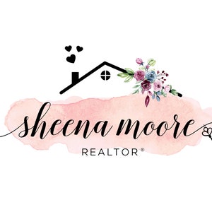 Real Estate Logo, Watercolor Real Estate Logo, Black & Pink Realtor Logo, Real Estate Logo Flowers, Roof Logo Design, Realtor logo Heart Key