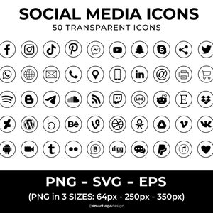 50 iconos de redes sociales negros SVG, archivo Svg imprimible, iconos de redes sociales PNG, archivo de corte, icono social EPS, Facebook Svg, uso comercial