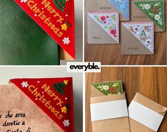 Merry Christmas Personalized Hand Embroidered Corner Bookmark - 4 Seasons - Felt Triangle Page Stitched Corner Bookmark