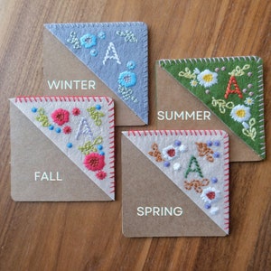 Personalized Hand Embroidered Corner Bookmark Set - 26 Letters and 4 Seasons- Felt Triangle Page Stitched Corner Bookmark - Mothers Day Gift