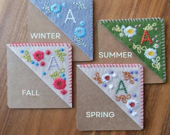 Personalized Hand Embroidered Corner Bookmark Set - 26 Letters and 4 Seasons- Felt Triangle Page Stitched Corner Bookmark - Mothers Day Gift