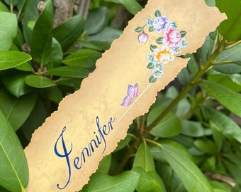 Personalized Hand-Painted Name Bookmark – Floral Watercolor Calligraphy, Vintage Style Stocking Stuffer (6.3 in x 1.97 in)