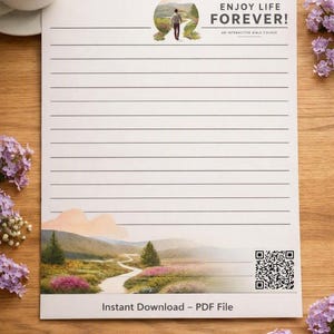 Puede incluir: Una hoja de papel pautado blanco con una ilustración circular de una persona caminando por un sendero, el texto ENJOY LIFE FOREVER! AN INTERACTIVE BIBLE COURSE, un paisaje en la parte inferior y un código QR en la esquina inferior derecha.