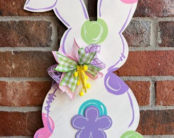 Bent Ear Bunny Door Hanger, Hand Painted Easter Decor