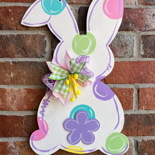 Bent Ear Bunny Door Hanger, Hand Painted Easter Decor