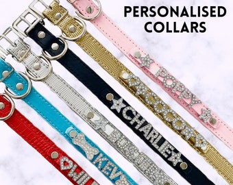 Personalised Pet Collars Add Your Name Black Pink Blue Red Gold Silver Diamante Letters PU