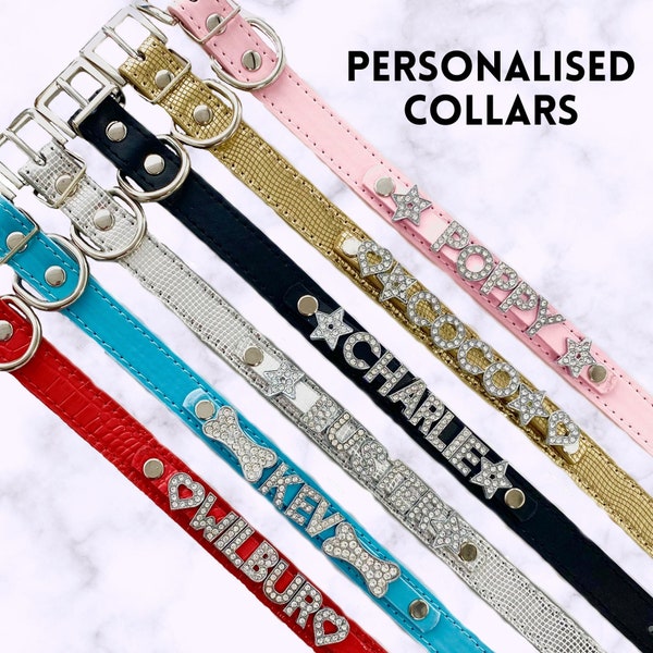 Personalised Pet Collars Add Your Name Black Pink Blue Red Gold Silver Diamante Letters PU