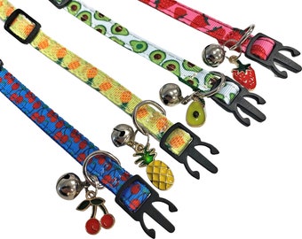 Adjustable Fruity Cat Collar - Avocado, Cherry, Pineapple & Watermelon, Detachable Bell, Quick Release, fruity charm, D-Ring, Cute