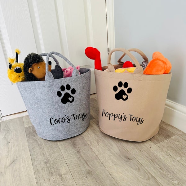 Personalised Dog Cat Pet Toy Basket Paw Print - Paw Print with Heart - Grey or Beige Sand Felt with Handles - Bag - Gifts Homeware Decor Box