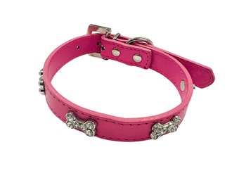 Adjustable Pink PU Dog Walking Collar with Diamante Sparkly Bones, Cute, Pet, Cat, Sparkle, Gem Stones