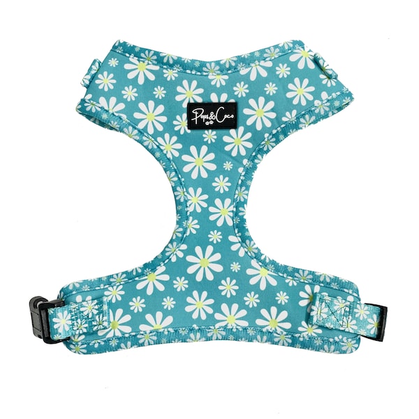 Crazy Daisy Fully Adjustable Dog Harness- Turquoise Green - Unisex - Floral, Flowers, Pretty - Matching Lead Available