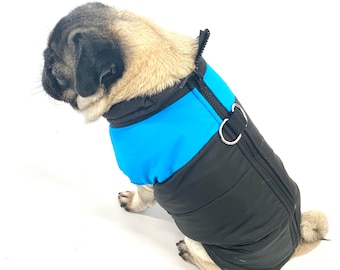 Blue Padded Cosy Waterproof Dog Winter Coat. With D Rings for lead attachment. Warm, Washable, Zip Up. Black and Blue for Big and Small Dogs