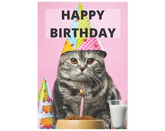 Happy Birthday Cat Greeting Card, Cute, Grey Grumpy Cat
