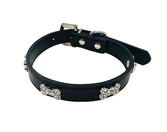 Adjustable Black PU Dog Walking Collar with Diamante Sparkly Bones, Cute, Pet, Sparkle, Gem Stones