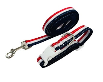 Nautical Stripe Dog Collar - Red White Blue - Clip Collar - Plastic Buckle - D Ring - Matching Lead Available Separately