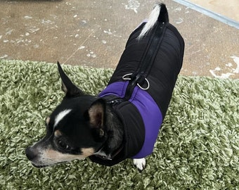 Purple Padded Cosy Waterproof Dog Winter Coat with D Rings for lead attachment. Warm, Washable, Zip Up, Black Purple for Big and Small Dogs