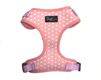 Polka Pink Fully Adjustable Dog Harness - Pink, White Dots, Spring, Summer - Matching Lead and Collars Available