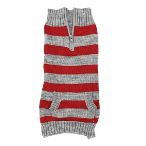 Zipped Neck Stripy Jumper in Grey and Red. Suitable for Autumn, Winter, Spring. Warm Clothing for dogs and puppies.