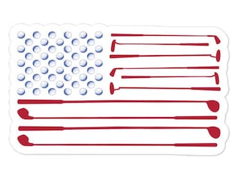 Golf Sticker, American Flag Sticker with golf balls and golf clubs, water bottle sticker, laptop sticker