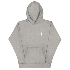 May include: A gray hooded sweatshirt with a white handprint design on the front. The sweatshirt has a kangaroo pocket and a drawstring hood.