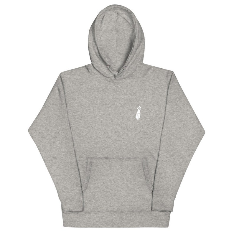 May include: A gray hooded sweatshirt with a white handprint design on the front. The sweatshirt has a kangaroo pocket and a drawstring hood.