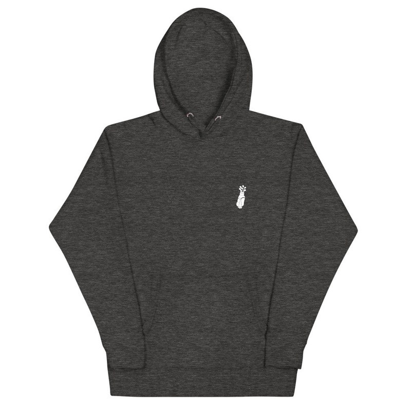 May include: A dark gray hooded sweatshirt with a white embroidered design of a hand with a raised fist on the left chest.
