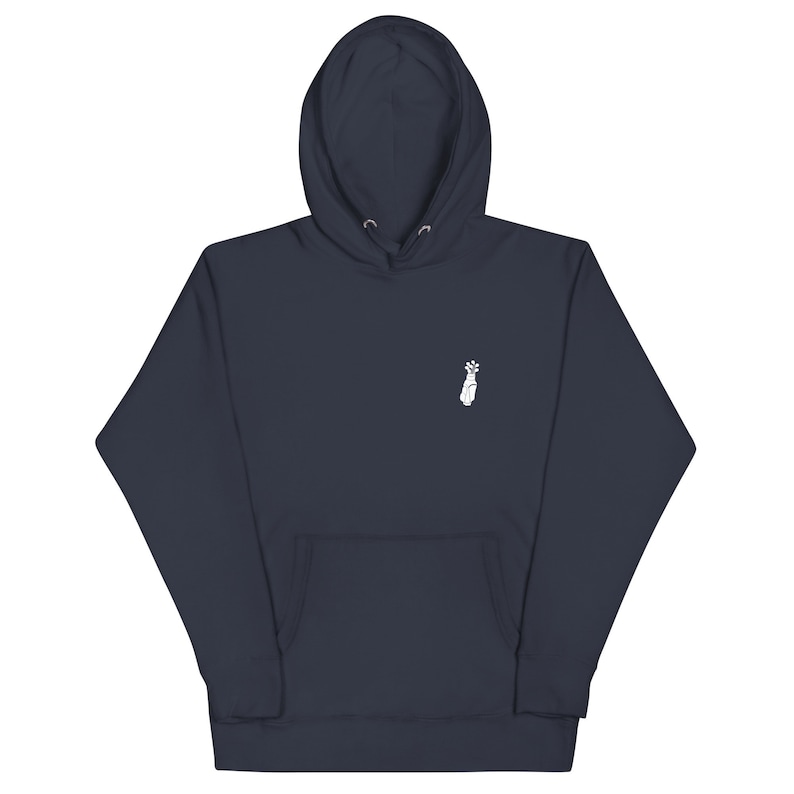 May include: A navy blue hooded sweatshirt with a white graphic of a hand holding a golf club.