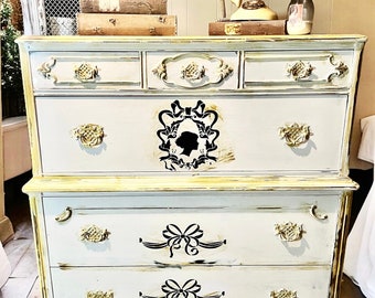 Antique Painted Coquette Tall French Chateau Antique Dresser| French Farmhouse French Country Dresser| Tall Antique Dresser| Cream Dresser!