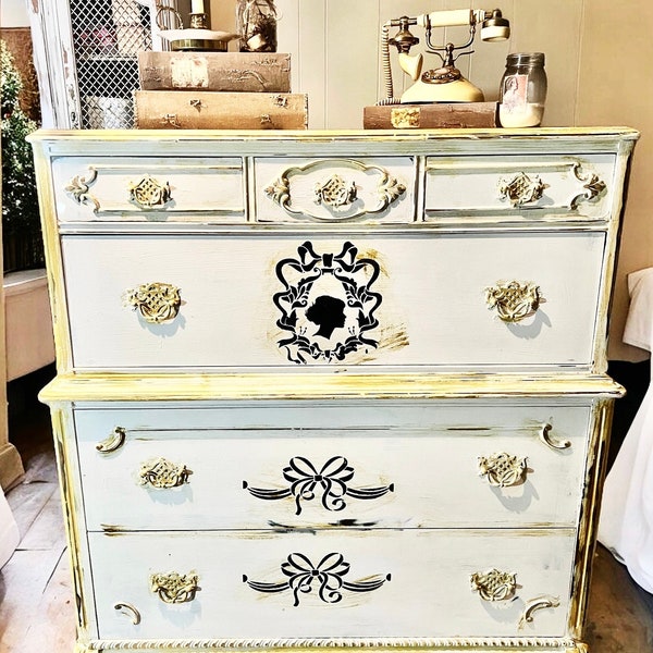 Antique Painted Coquette Tall French Chateau Antique Dresser| French Farmhouse French Country Dresser| Tall Antique Dresser| Cream Dresser!