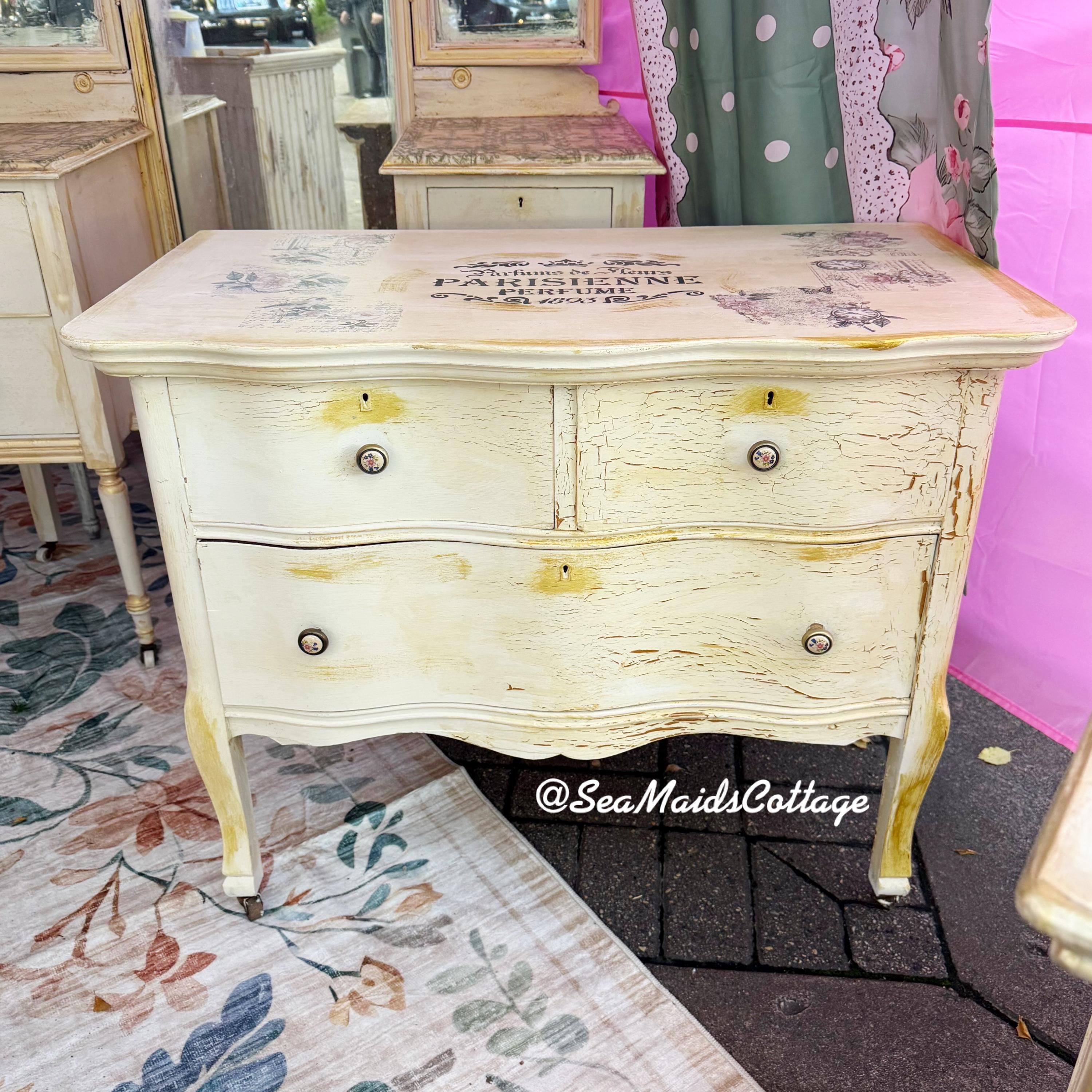 cream dresser with gold hardware Antique French Château Dresser: Distressed & Gold, Floral Knobs gala evening dress