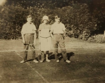 Three Young Children Taking a Break On A Tennis Court, Vintage 1920s Photograph, Retro Photo Snapshot, Antique Vernacular Photo From France