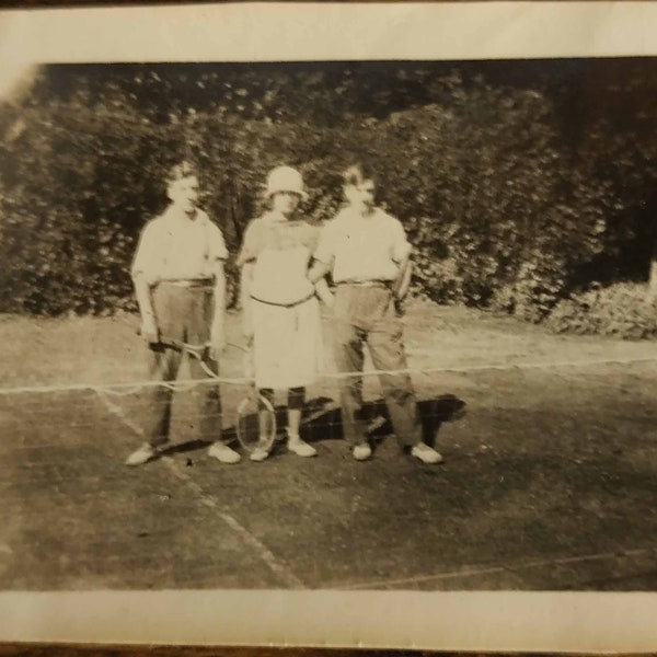 Three Young Children Taking a Break On A Tennis Court, Vintage 1920s Photograph, Retro Photo Snapshot, Antique Vernacular Photo From France