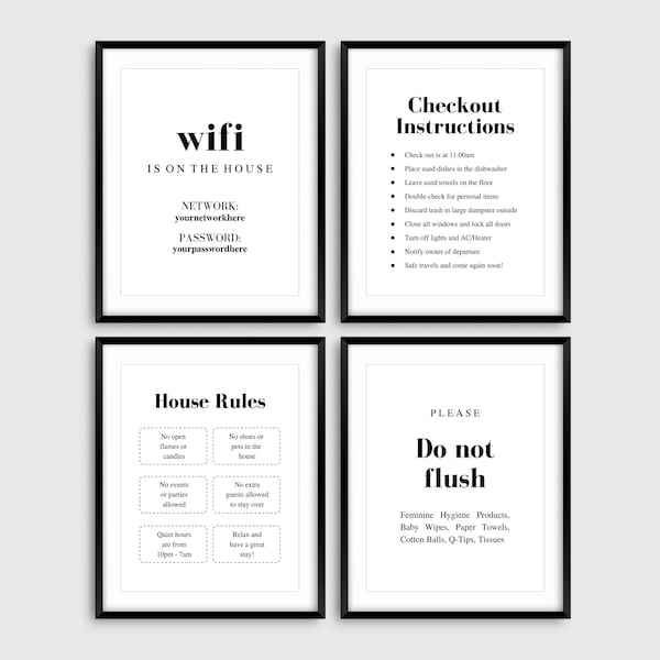 Fillable Minimalist Airbnb Printable Bundle, Airbnb Wifi Sign, House Rules, Do Not Flush, Checkout Instructions, Airbnb Rental Host Sign