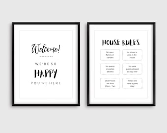Paquete imprimible de Airbnb, cartel de bienvenida, cartel de reglas de la casa, reglas de anfitrión de Airbnb, plantilla PDF rellenable, cartel minimalista de Airbnb en blanco y negro