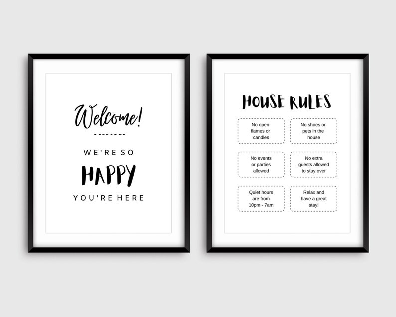 Airbnb Printable Bundle, Welcome Sign, House Rules Sign, Airbnb Host Rules, Fillable PDF Template, Minimalist Black and White Airbnb Sign image 1