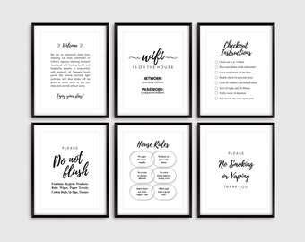 Airbnb Fillable y paquete de signos editables, bienvenido, covid signo limpio, señal wifi, no se vacía, no fumar, reglas de la casa, instrucciones de pago