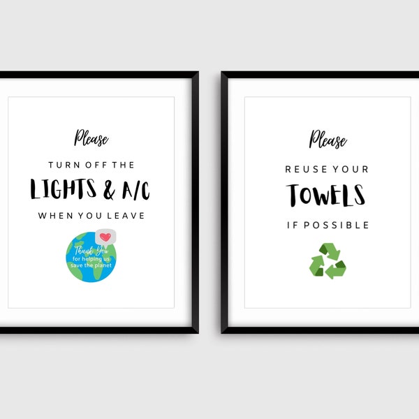 Airbnb Eco-Friendly Sign Bundle, Airbnb Host Printable Set, Please Turn Off Lights and A/C Sign, Please Reuse Towels Sign, Conserve Energy