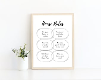 Reglas de la casa de Airbnb rellenables y editables imprimibles, letrero de reglas de la casa, plantilla PDF rellenable, letrero de la sala de estar de Airbnb, letrero de entrada, 8x10