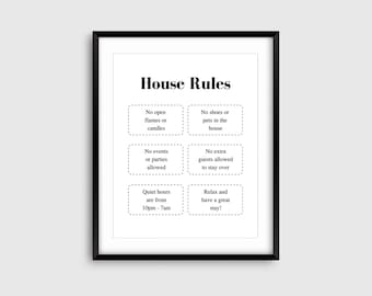 Signo de reglas de la casa de Airbnb rellenable, plantilla imprimible de reglas de la casa, plantilla PDF de Airbnb simple, signo minimalista de Airbnb en blanco y negro