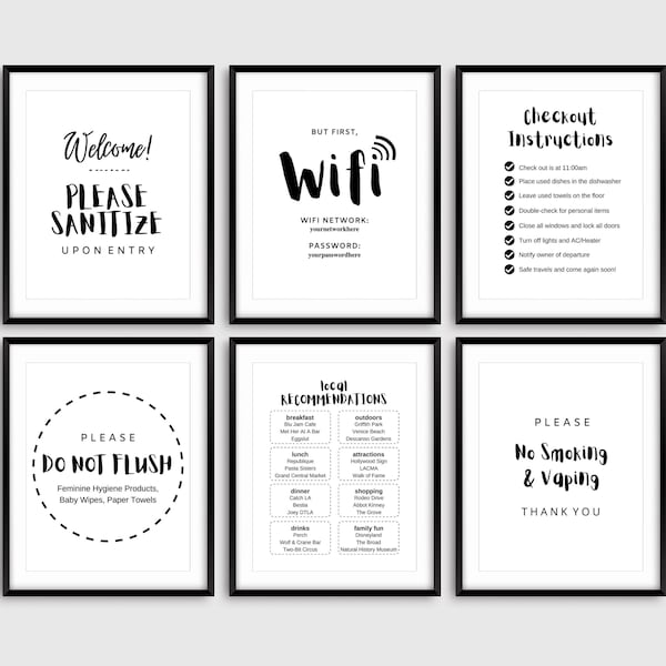 Airbnb SuperHost Fillable Sign Bundle, Wifi, Don't Flush Paper, No Smoking, Welcome, Recommendations, Checkout Instruction, Rental Signs