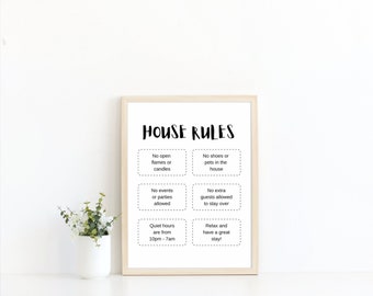 Reglas de la casa de Airbnb rellenables y editables imprimibles, signo de reglas de la casa, plantilla PDF rellenable, signo minimalista de Airbnb en blanco y negro, 8x10