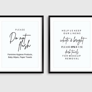 Airbnb Bathroom Sign Bundle, Airbnb Host Printables, Please Do Not Flush Fillable Sign, Please Use Dark Towels Sign, Keep Linens White Sign