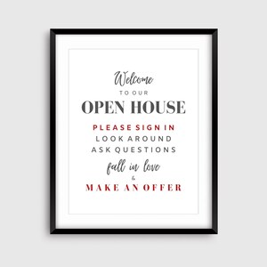 Signo de casa abierta de bienes raíces, bienvenida de casa abierta imprimible, signo de hacer una oferta de bienes raíces, signo de negocio RE, descarga digital de agente / corredor