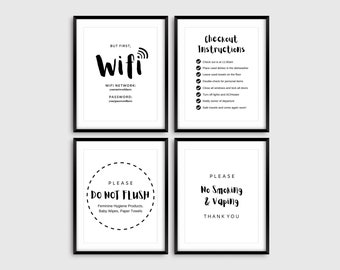 Paquete imprimible de Airbnb rellenable, contraseña de Wifi + instrucciones de pago + No tirar la cadena + No fumar, conjunto minimalista de letreros de Airbnb, anfitrión de Airbnb