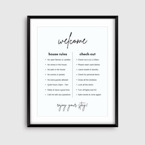 May include: Black and white printable house rules sign with the text "welcome", "house rules", and "check-out". The sign lists rules for guests, including no open flames, no shoes in the house, quiet hours, and check-out time. The sign also includes the text "enjoy your stay!"