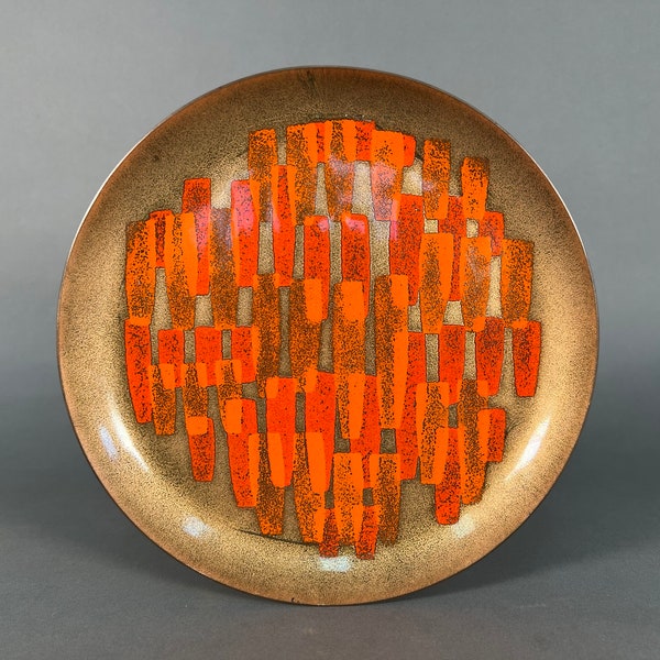 Vintage 1960’s ENAMEL on copper MODERN BOWL - abstract design - Evans Hand Enameled - Orange + Gold