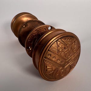 Fancy Antique 1880’s Victorian Eastlake BRONZE Brass DOOR KNOBS set w/ Round Escutcheons - Matching pair - Hardware - 19thC. - authentic