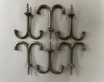 Authentic ANTIQUE Set of 6 Cast Iron HOOKS Vintage Hardware c.1900 - Hat + Coat - Great Design!